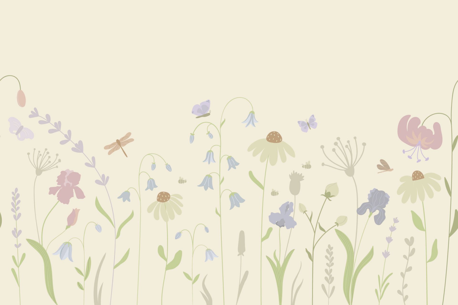 Flower field high with butterflies sand, old pink, green and lilac