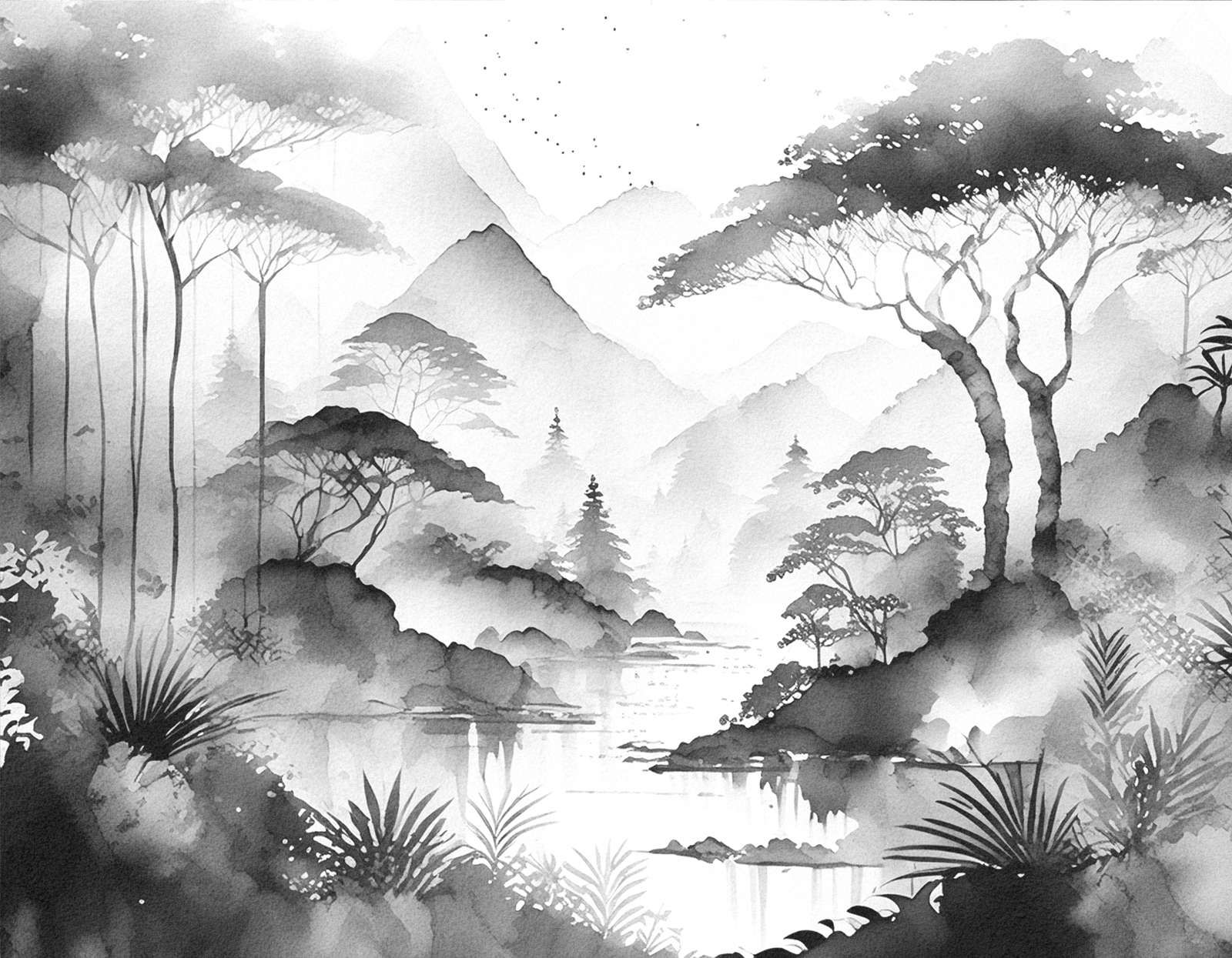 Mountain Lake in Misty Ink