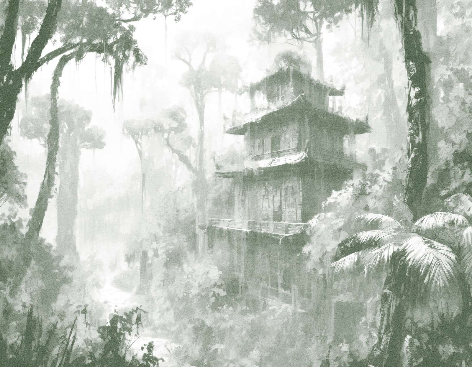 Hidden Hut in Misty Forest, green