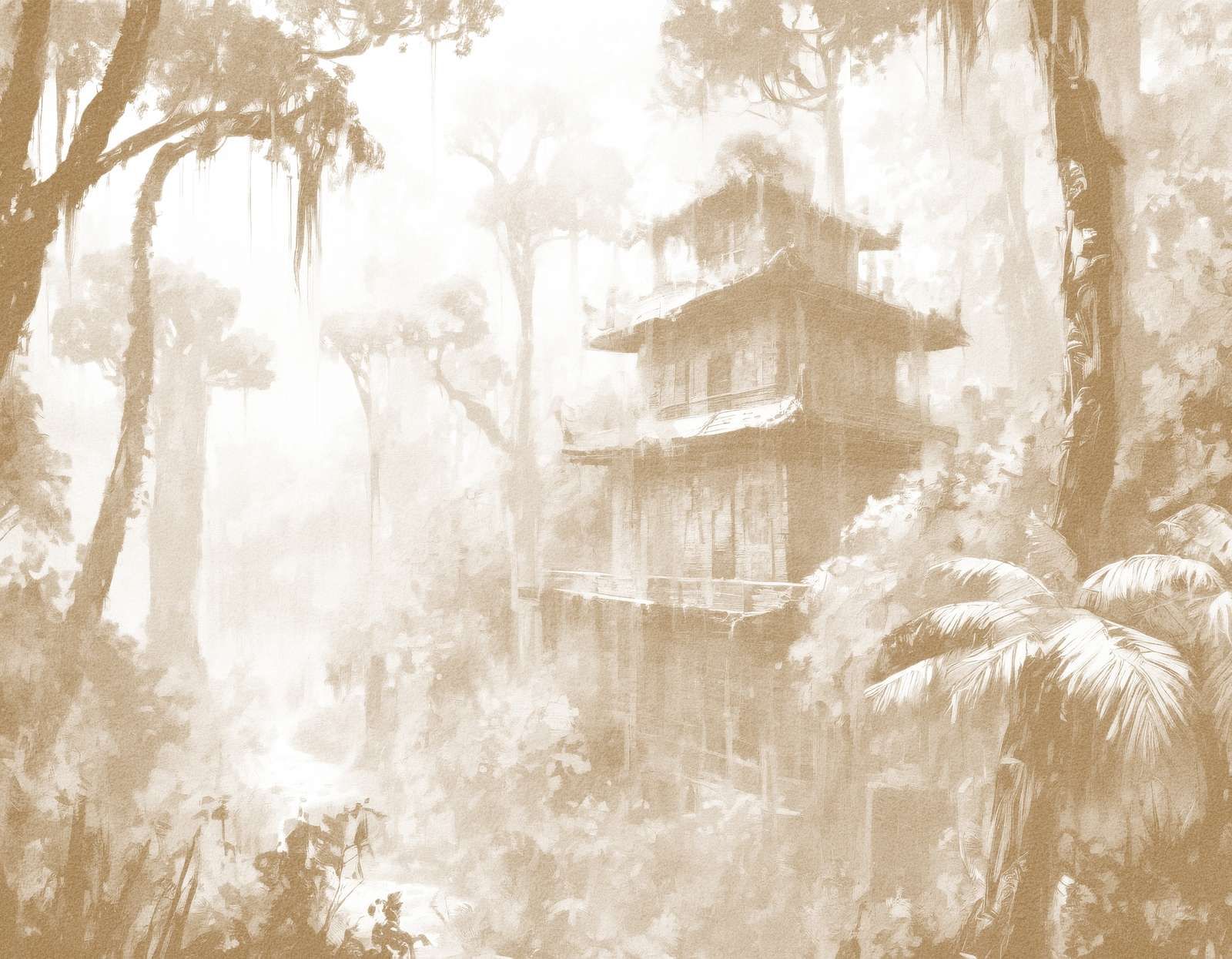 Hidden Hut in Misty Forest, taupe