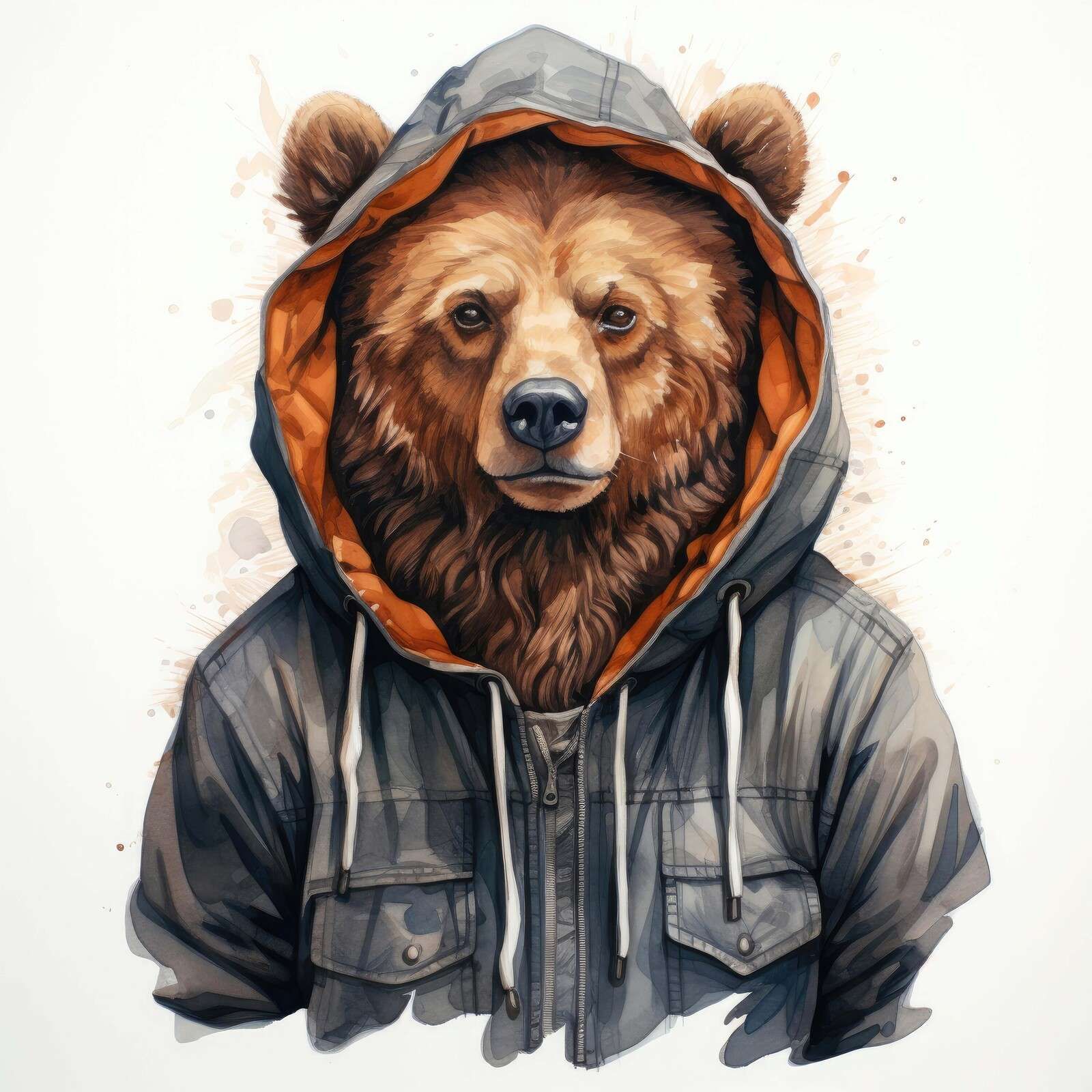 Watercolour Cartoon Grizzly Bear in a Hoodie