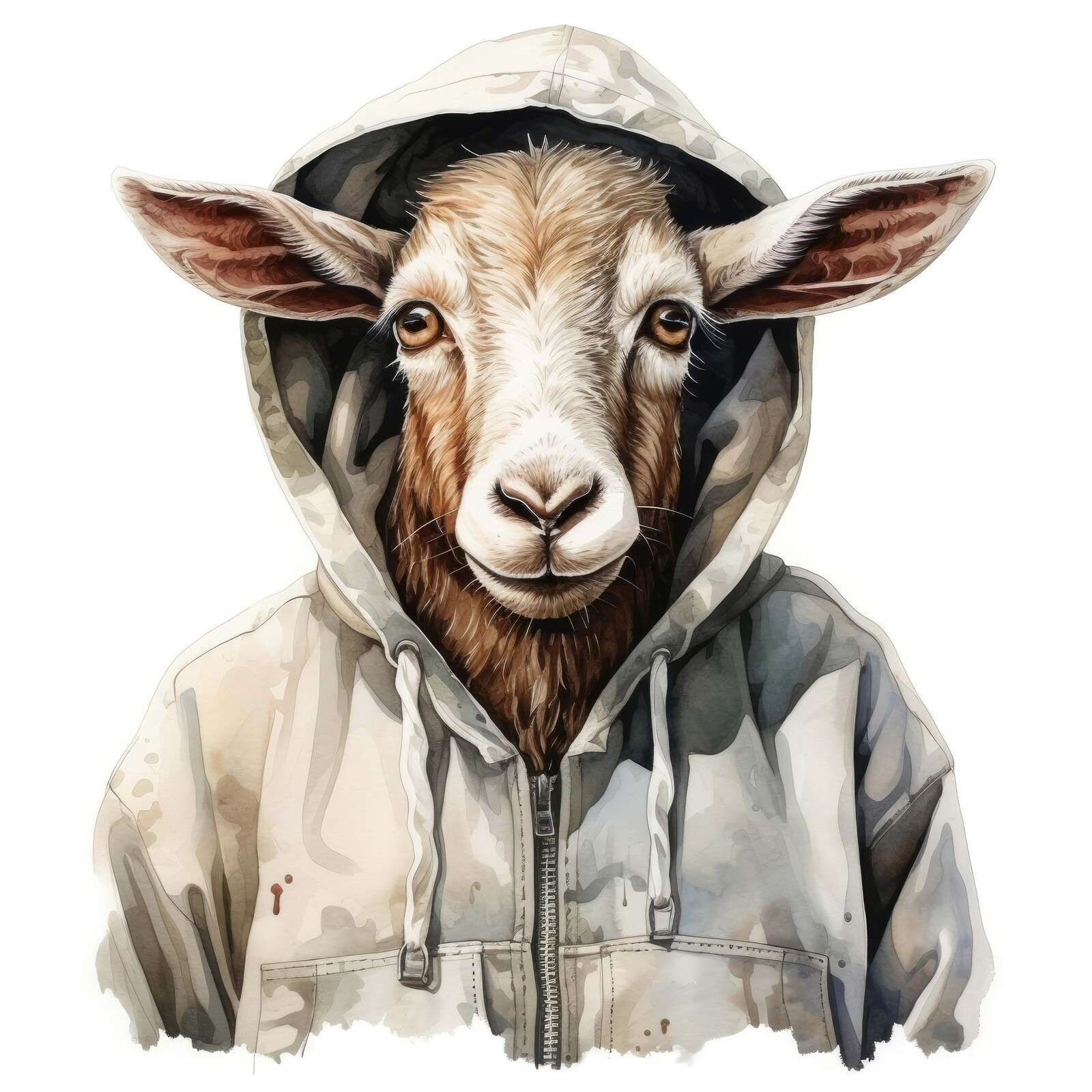 Watercolour Cartoon Goat in a Hoodie