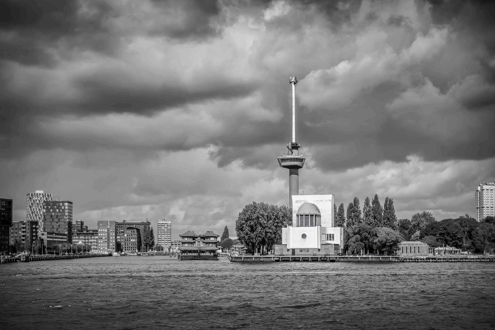 Euromast and Maas in Monochrome