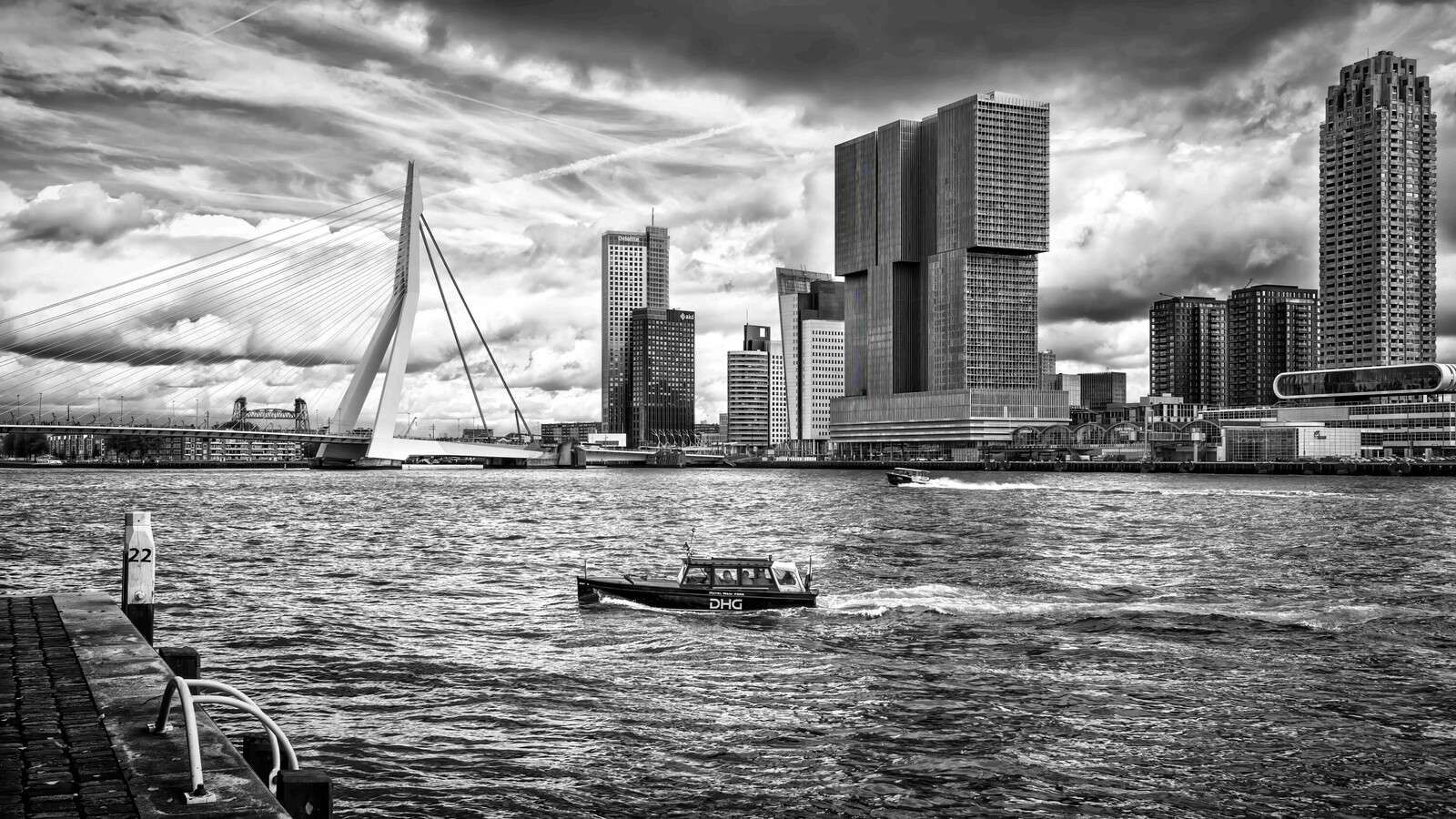 Erasmus Bridge and Skyline in Monochrome