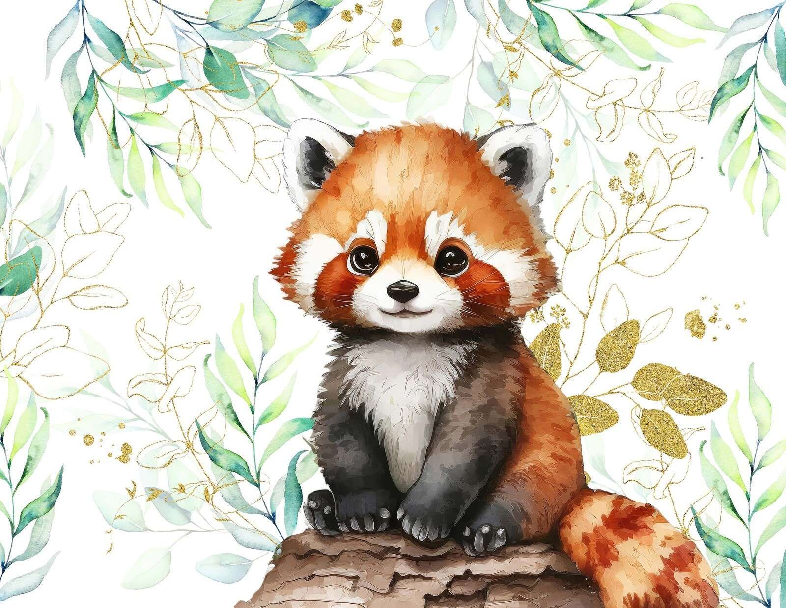 Cute red panda and leaves