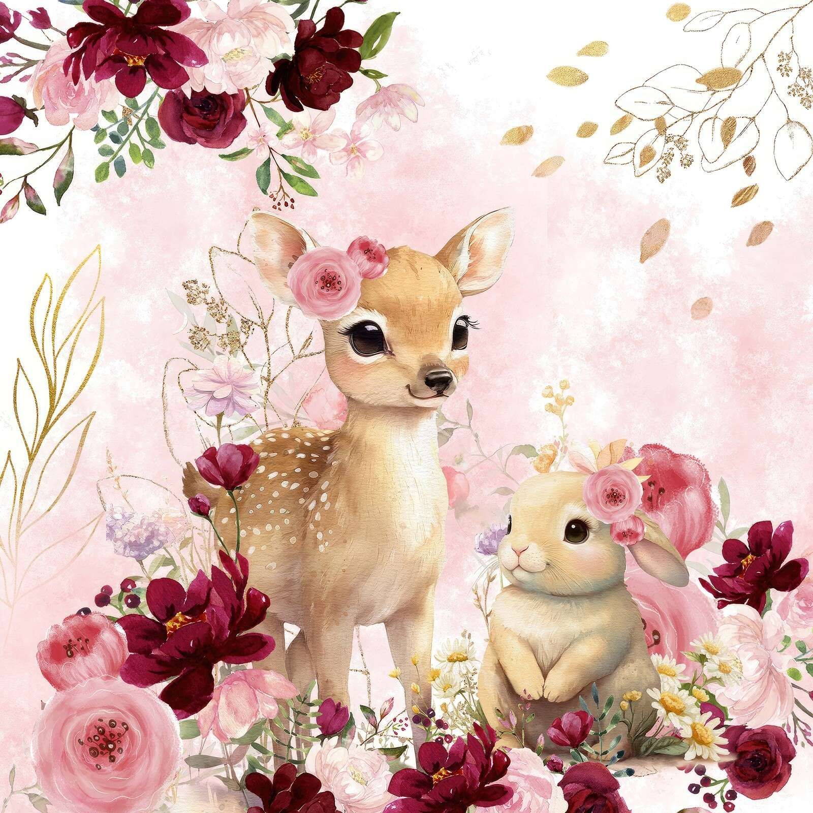 Fawn and rabbit in floral splendor