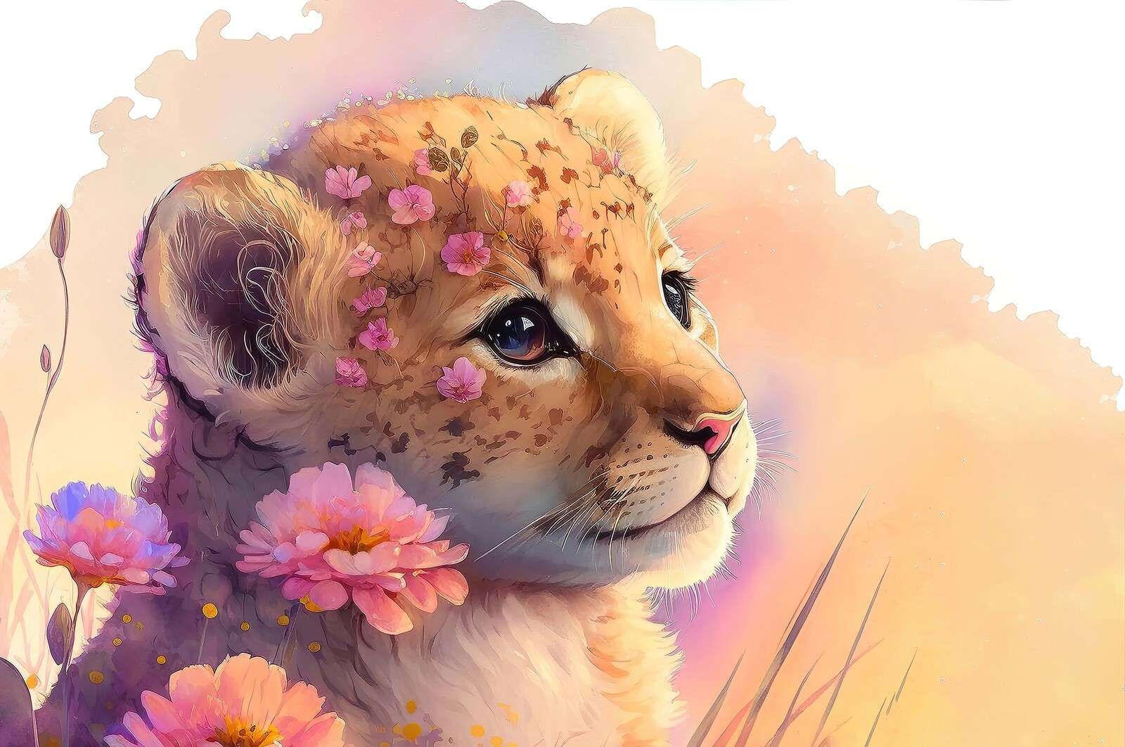 Dreamy puppy among the flowers