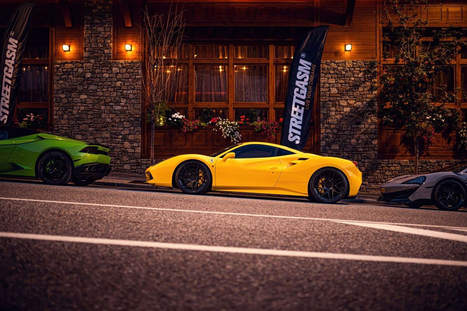 Exclusive cars at wooden lodge