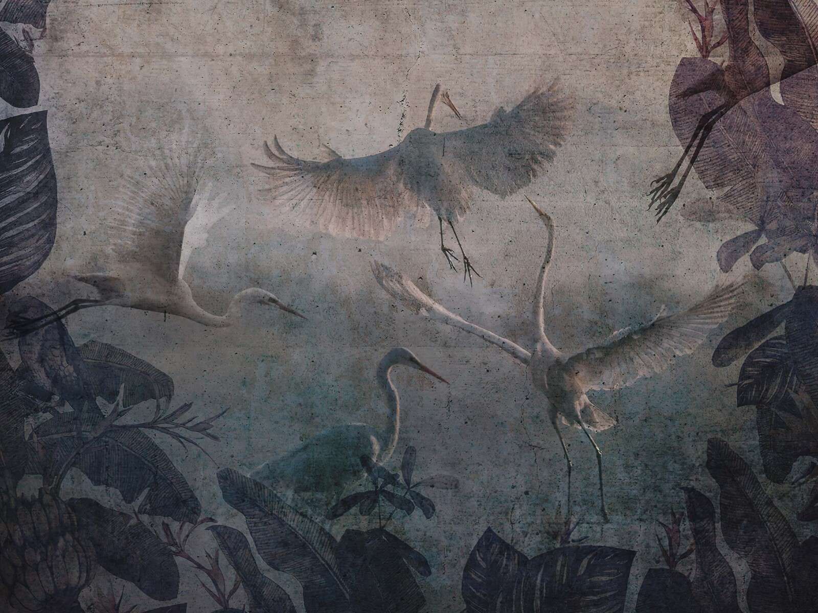 Flying herons in twilight blue