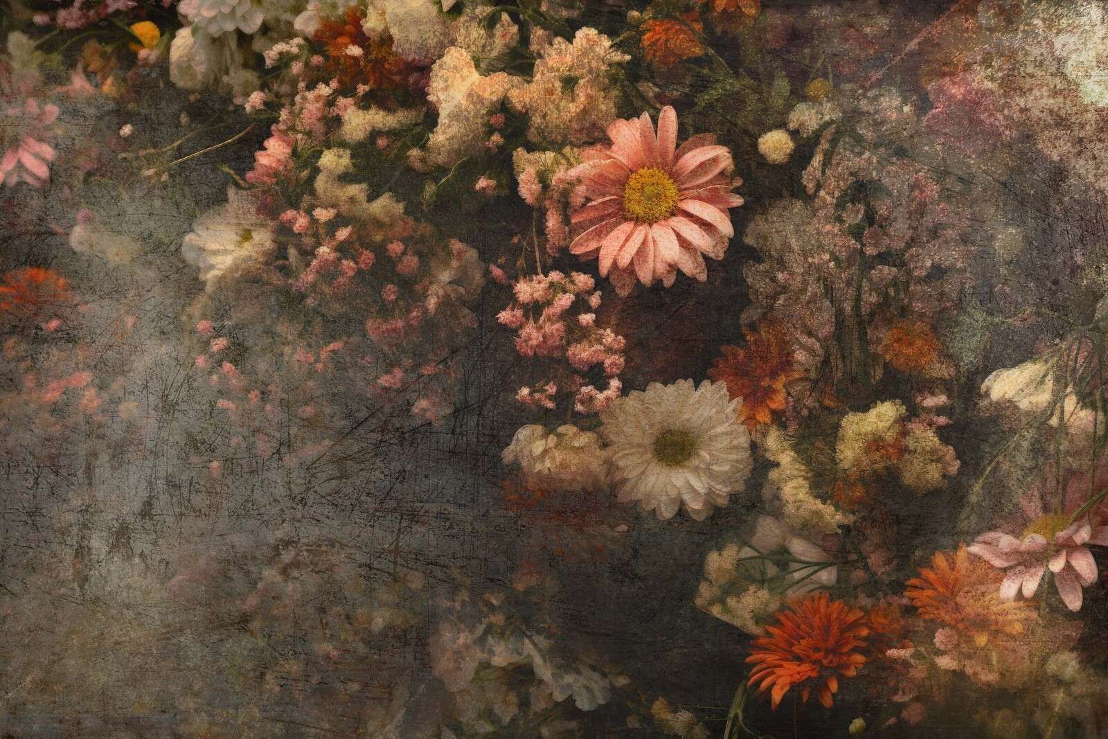 Field of flowers in aged oil paint