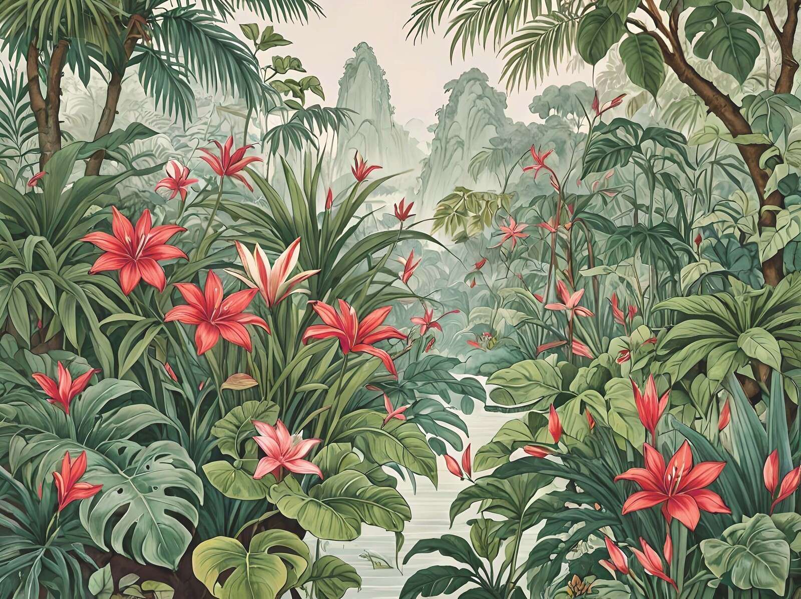 Tropical lily forest in morning mist
