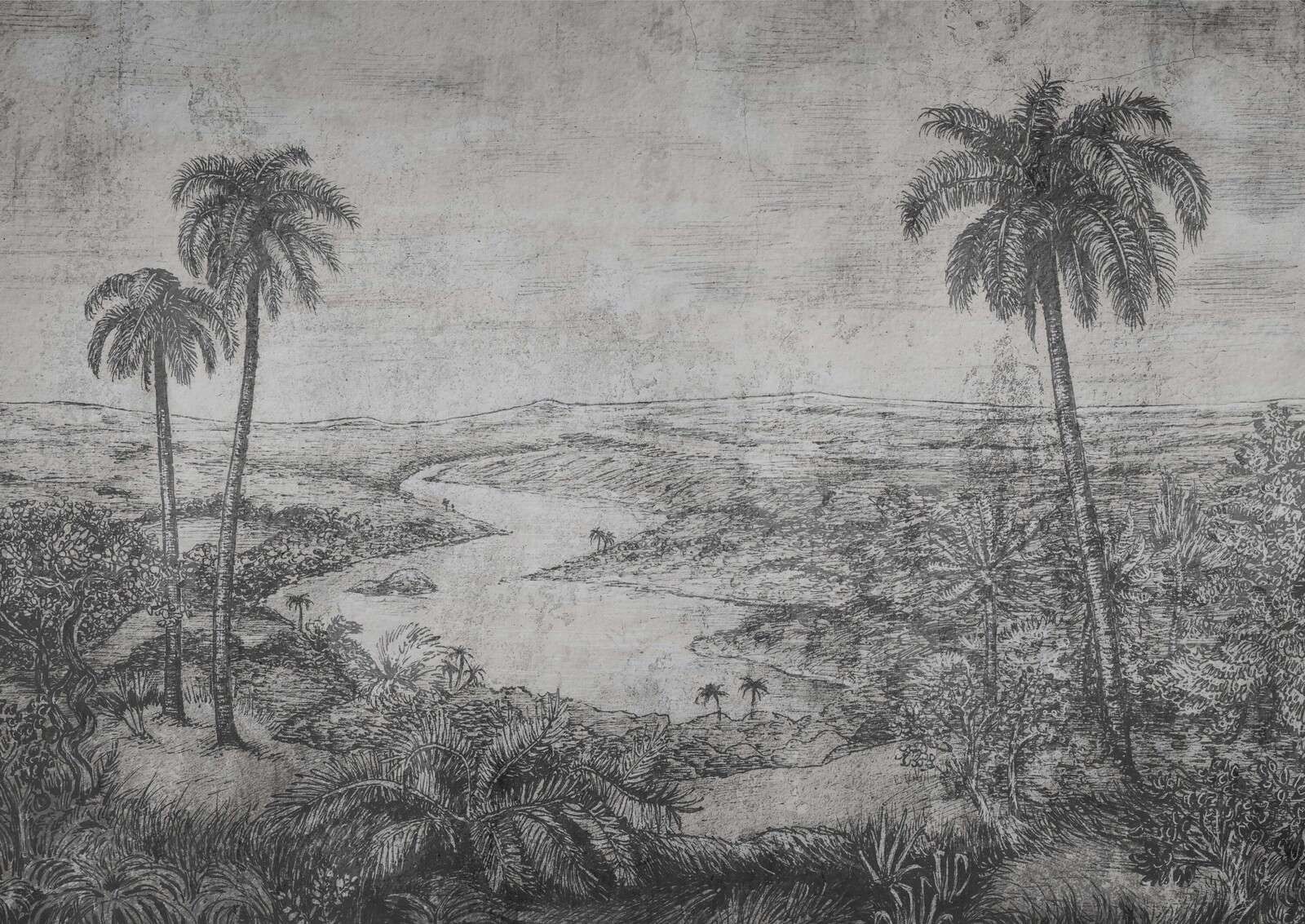 Palm landscape in gray engraving style