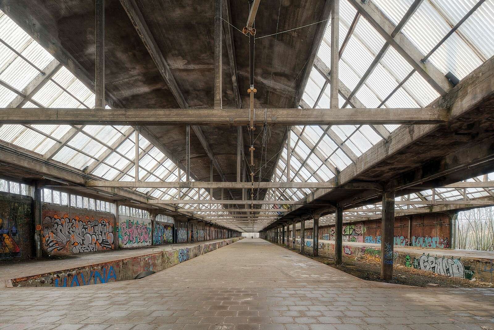 Abandoned warehouse with graffiti walls