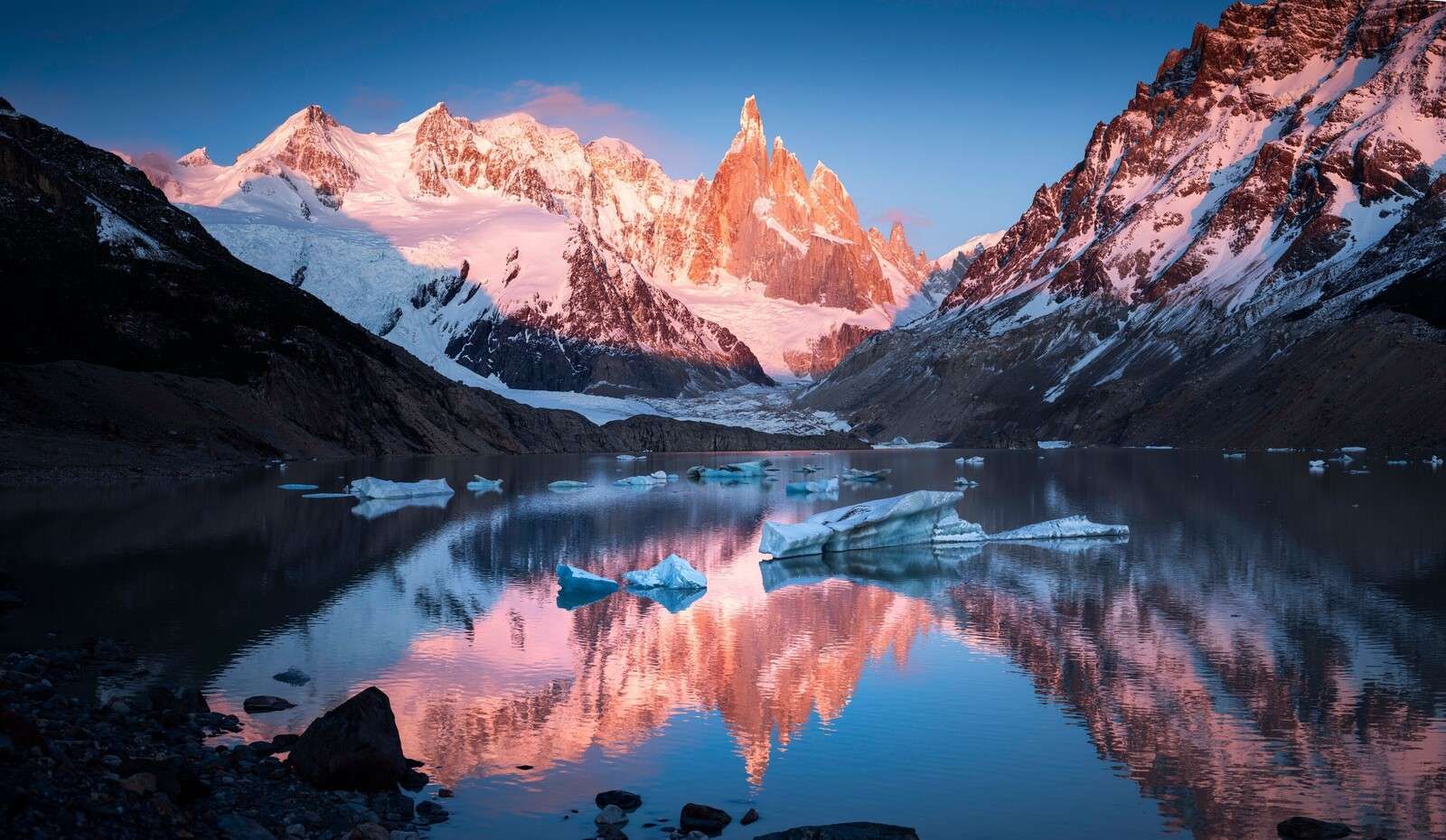 Glacier lake with alpenglow in Patagonia.