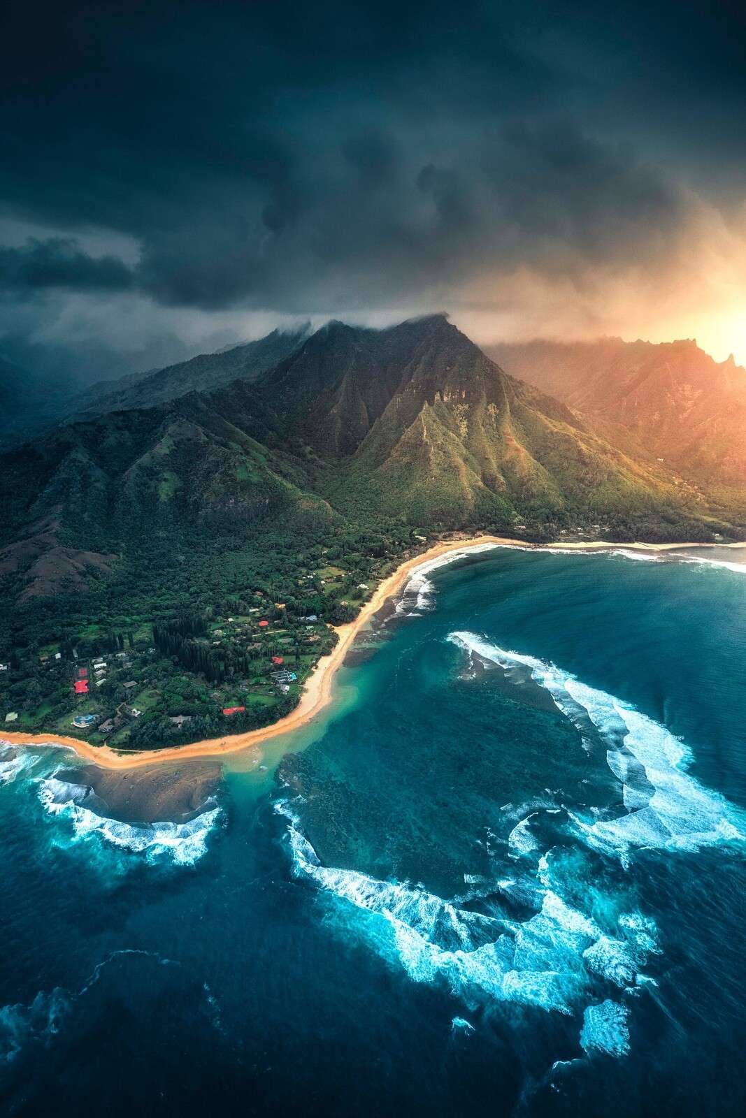 Tropical coastline under threatening sky