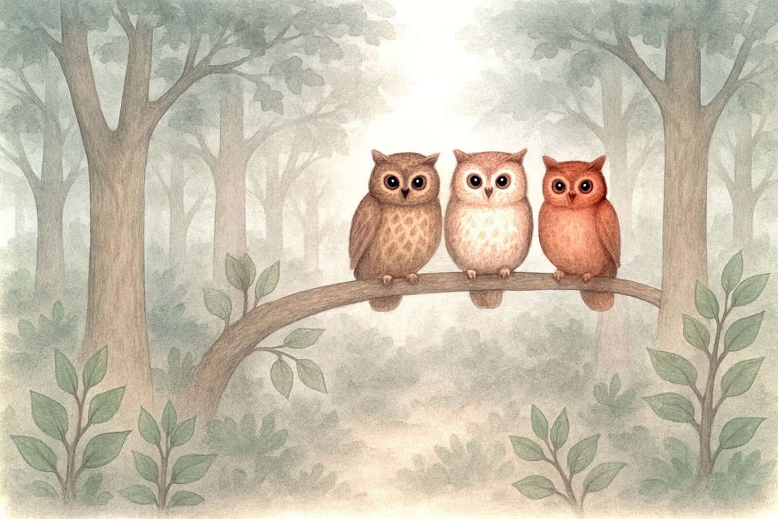 Three owls in the forest