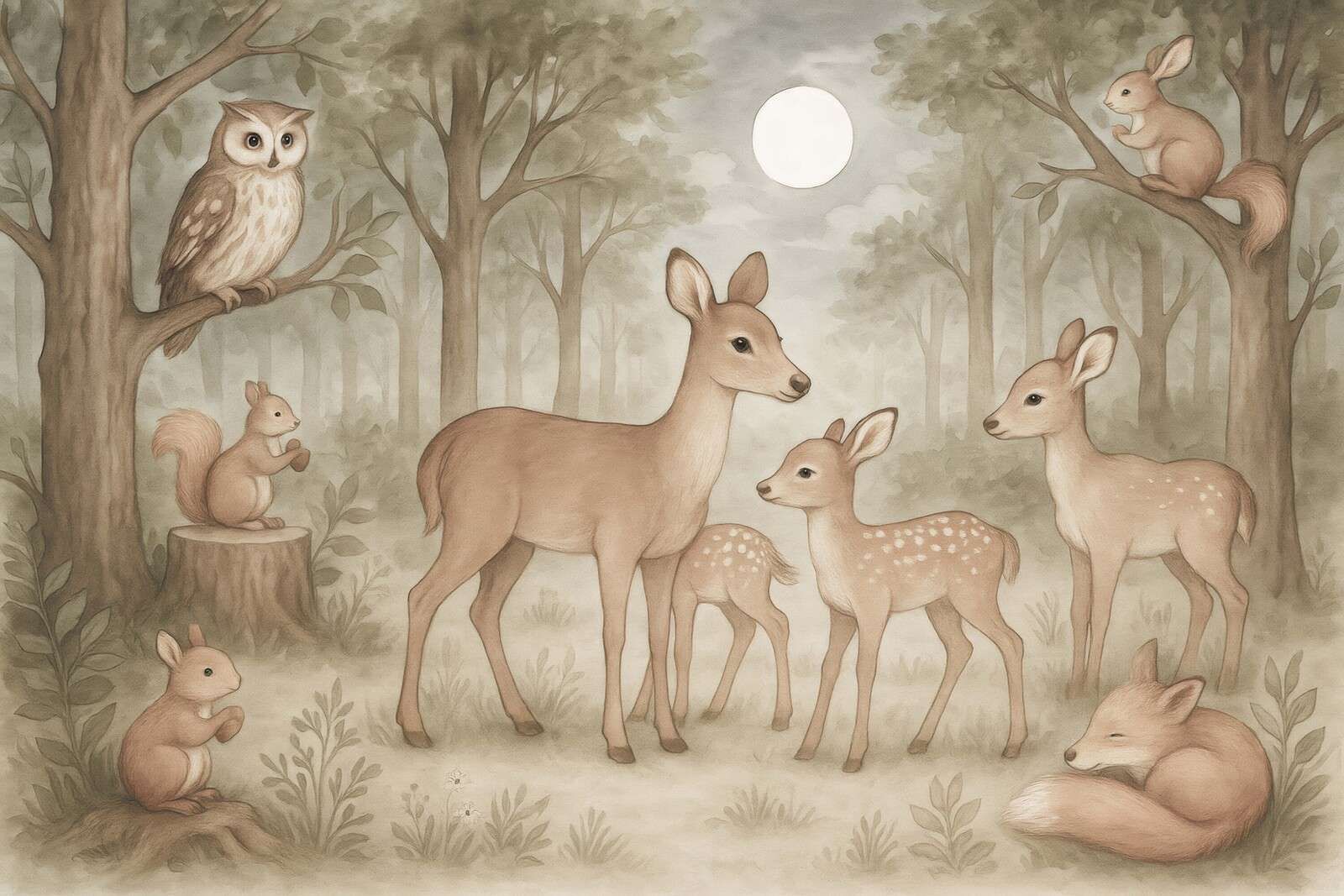Woodland animals in moonlight