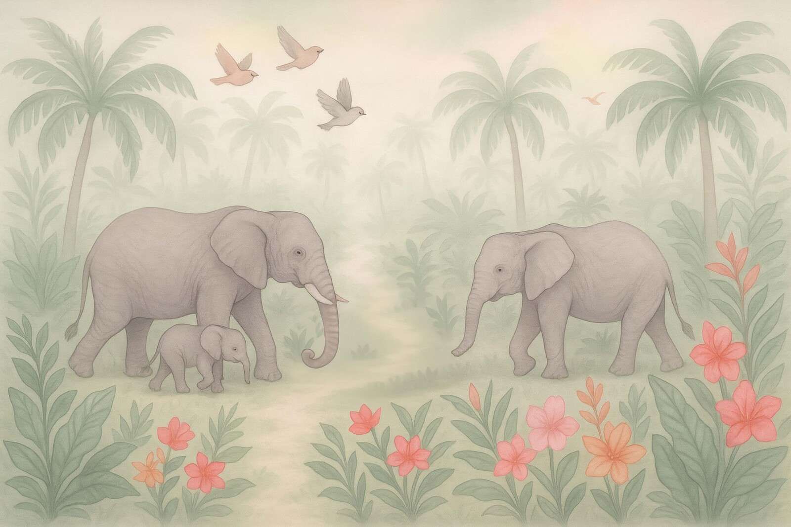 Elephant walk among tropical flowers