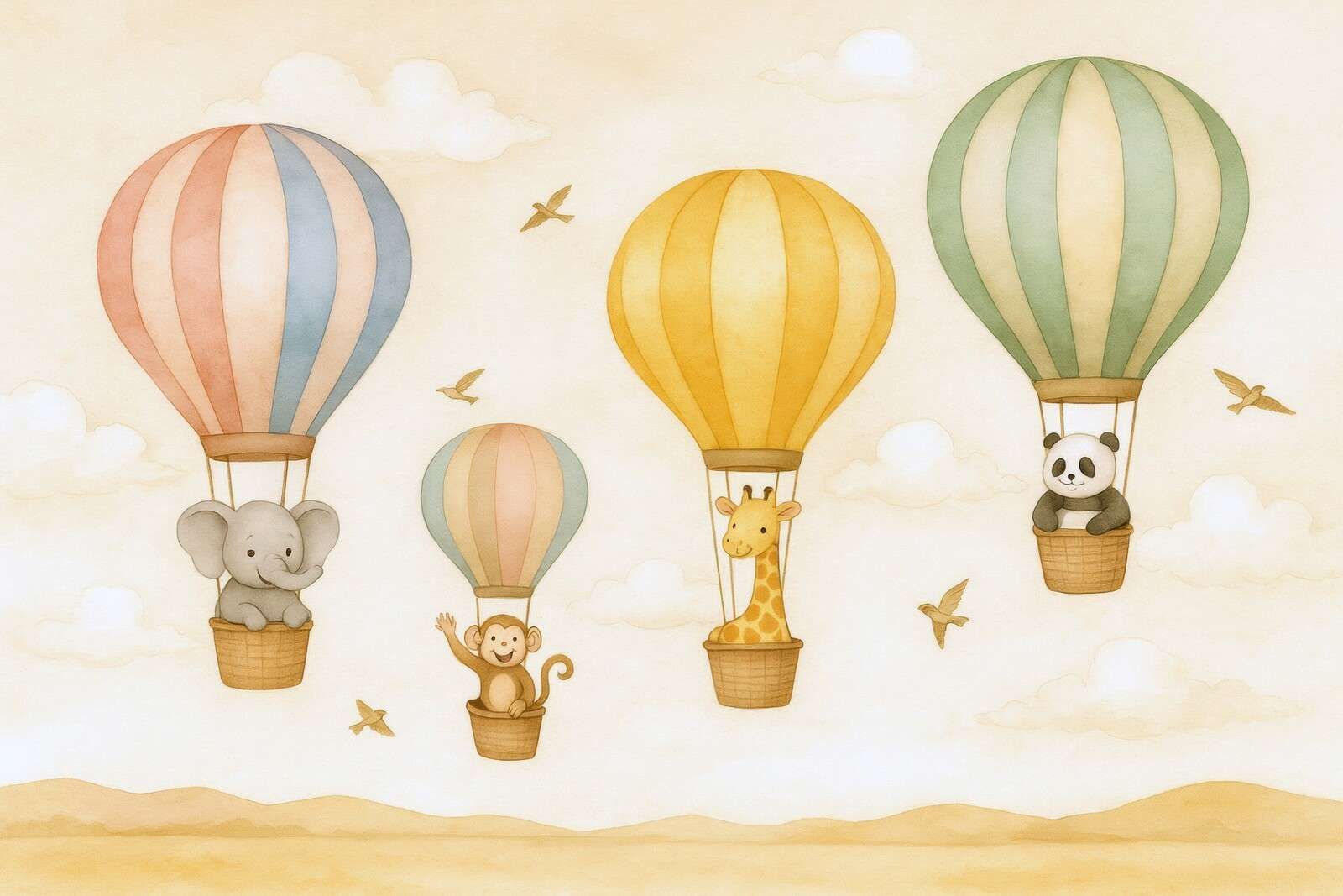 Animal journey in hot air balloon