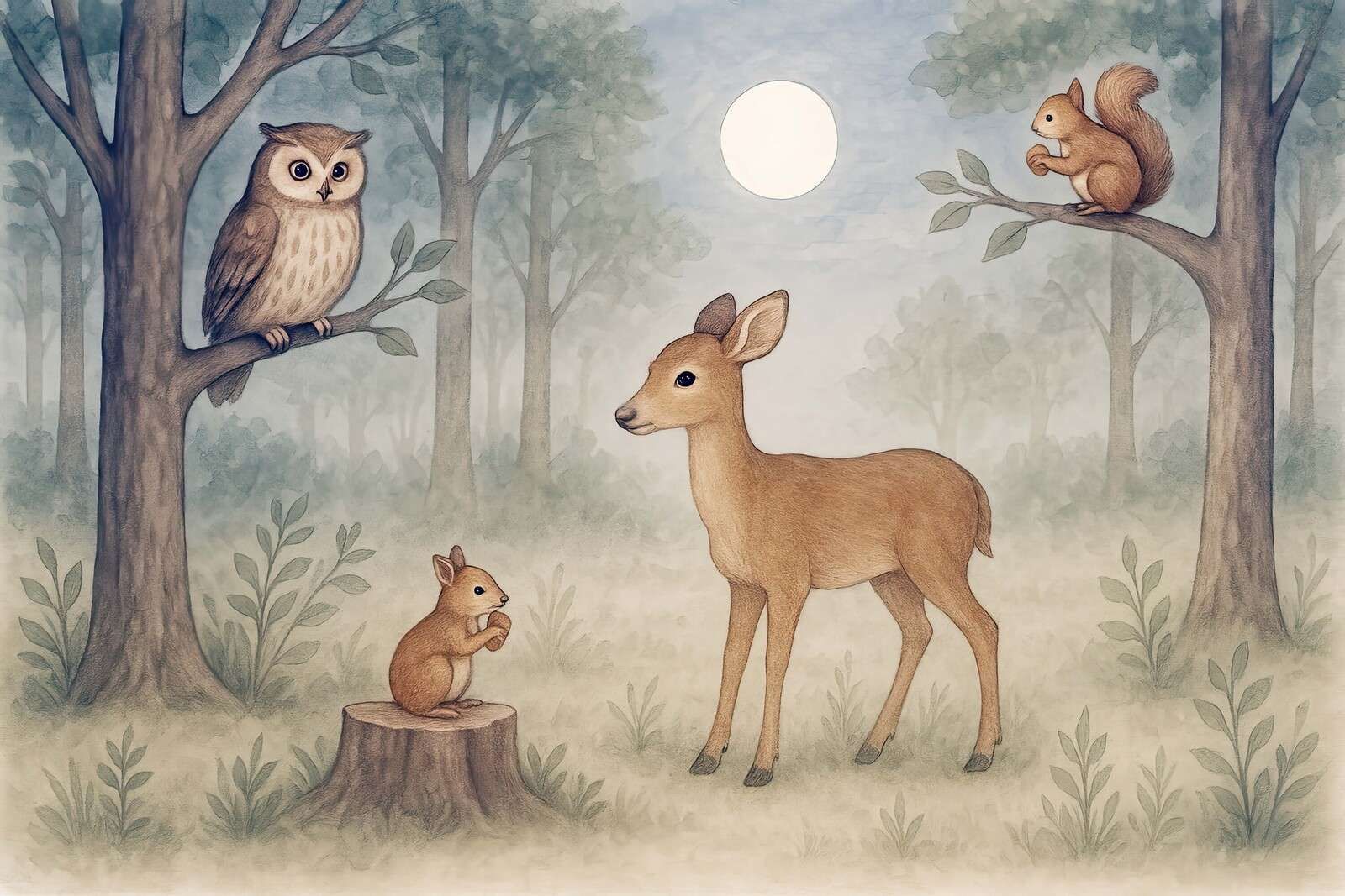 Moonlight in the forest with animals