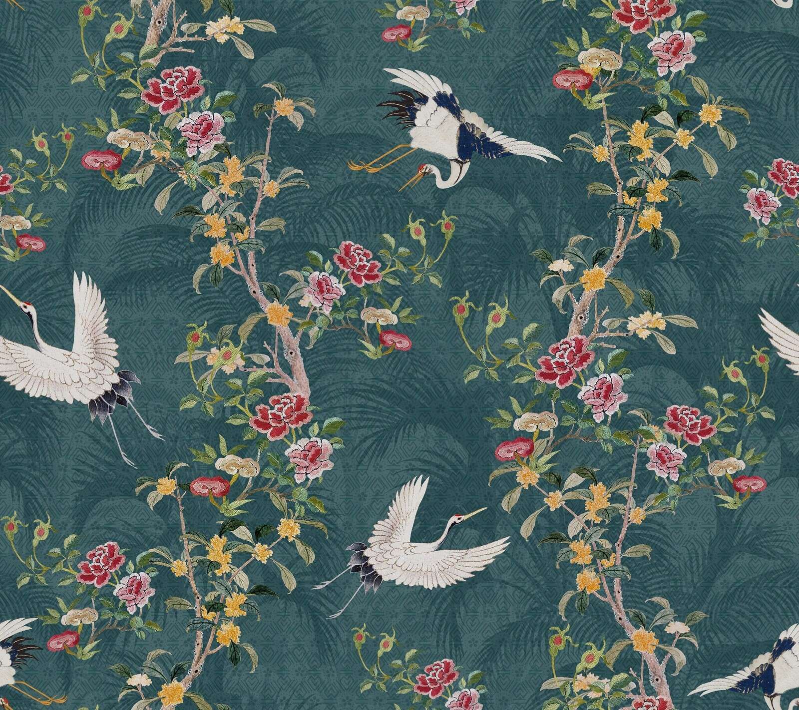 White cranes and blossom branches