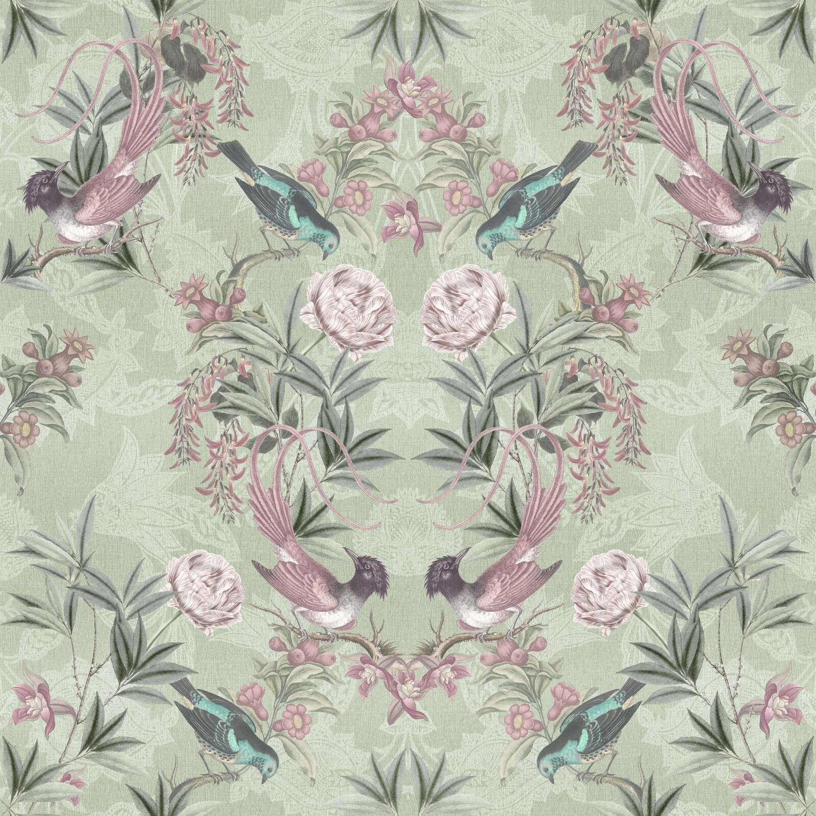 Sage-green garden birds and blossoms