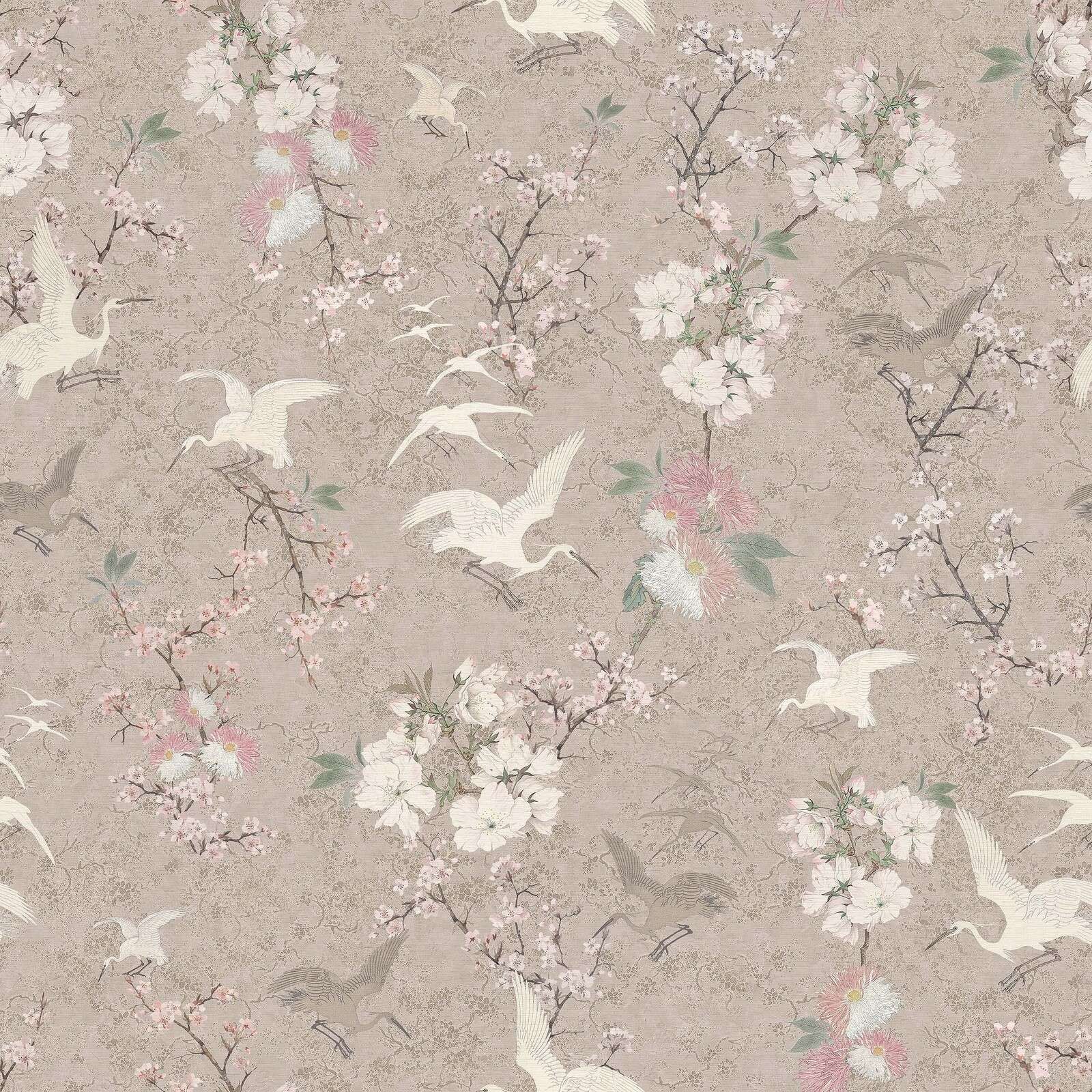 Cranes among blossoms in greige