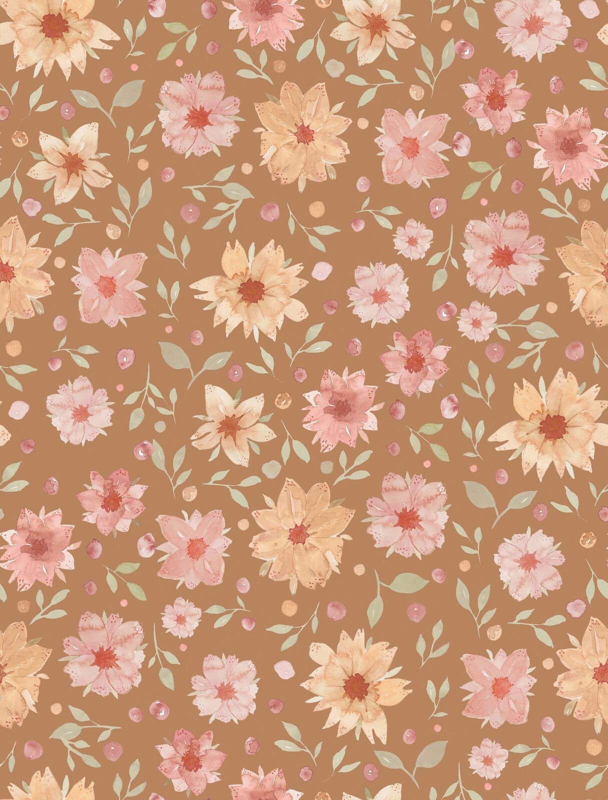 Peach-pink watercolor flowers on caramel