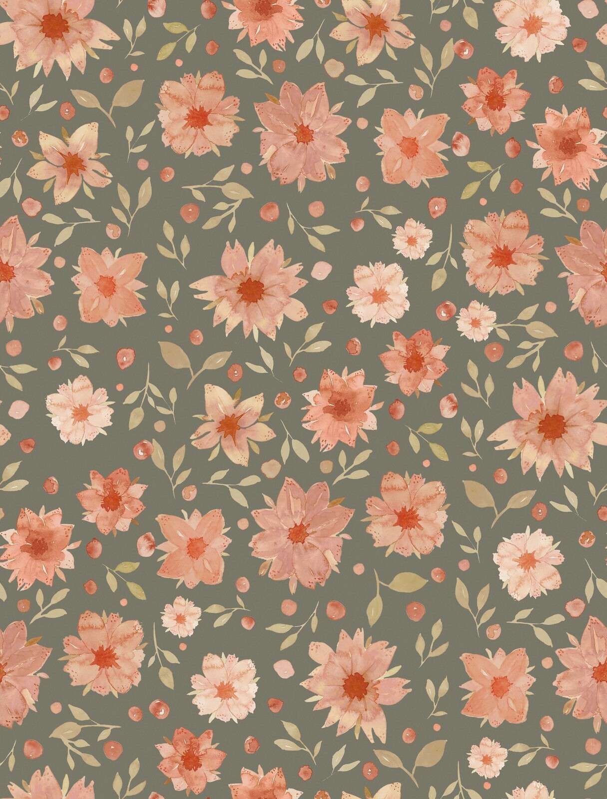 Coral pink watercolor flowers on olive green