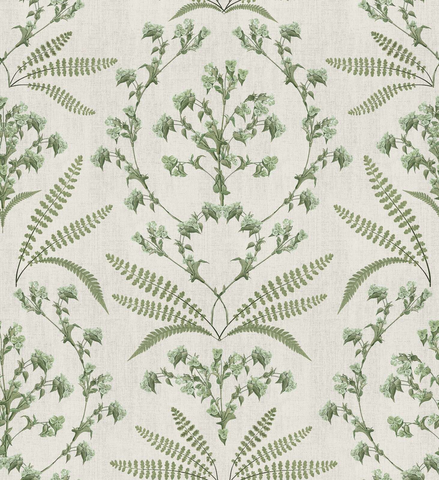 sage-green ferns and blossom branches