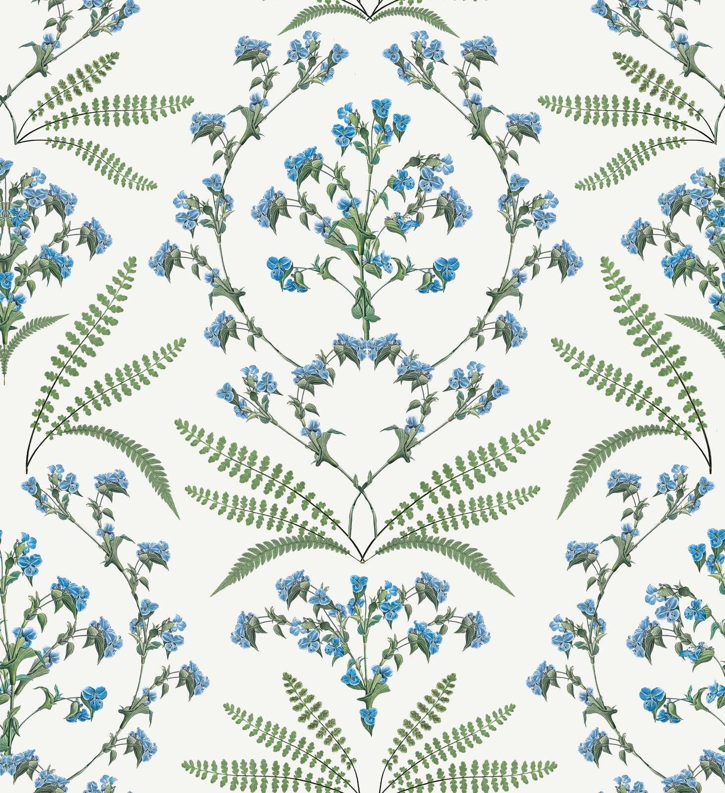 Blue blossom branches and ferns