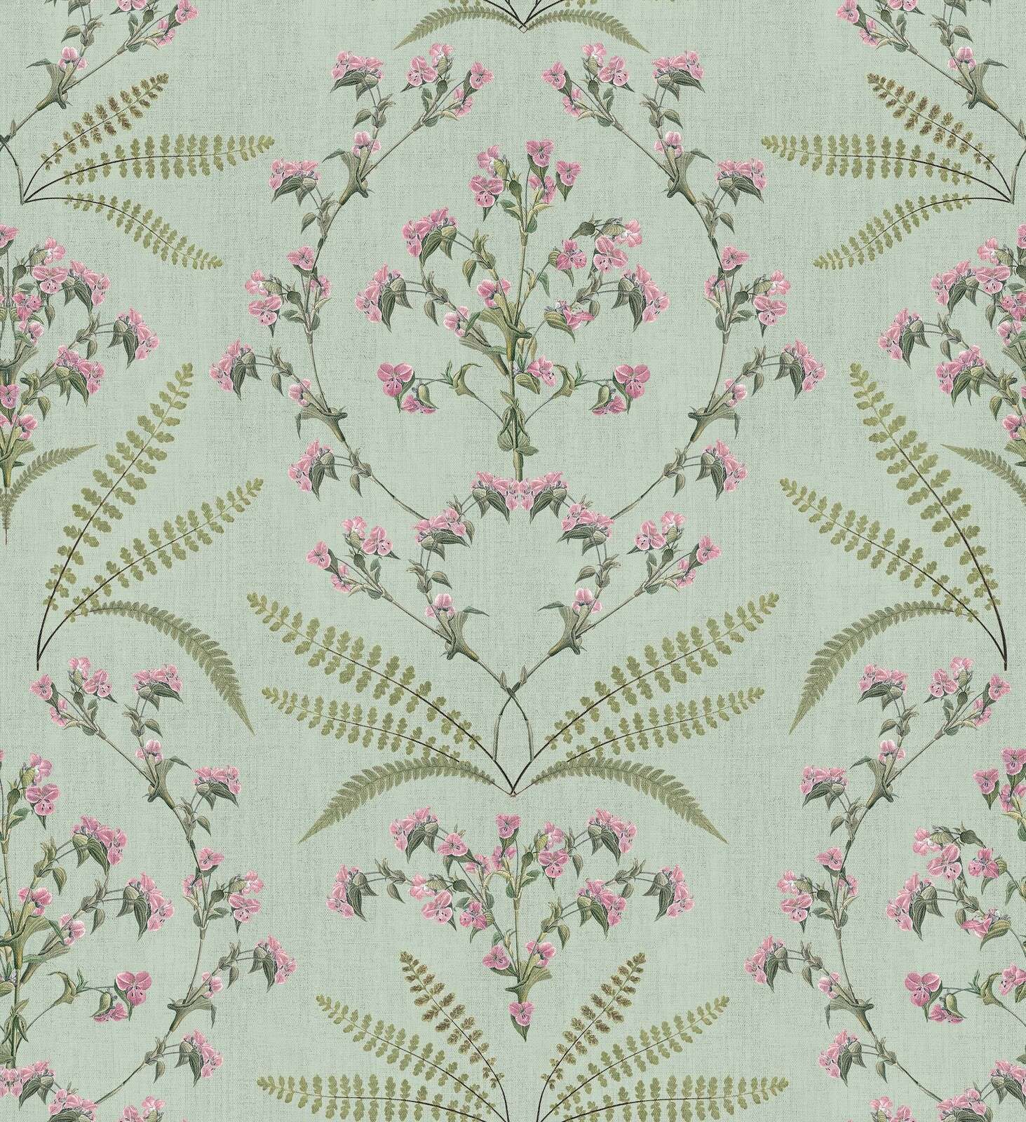 Pink blossom branches with ferns