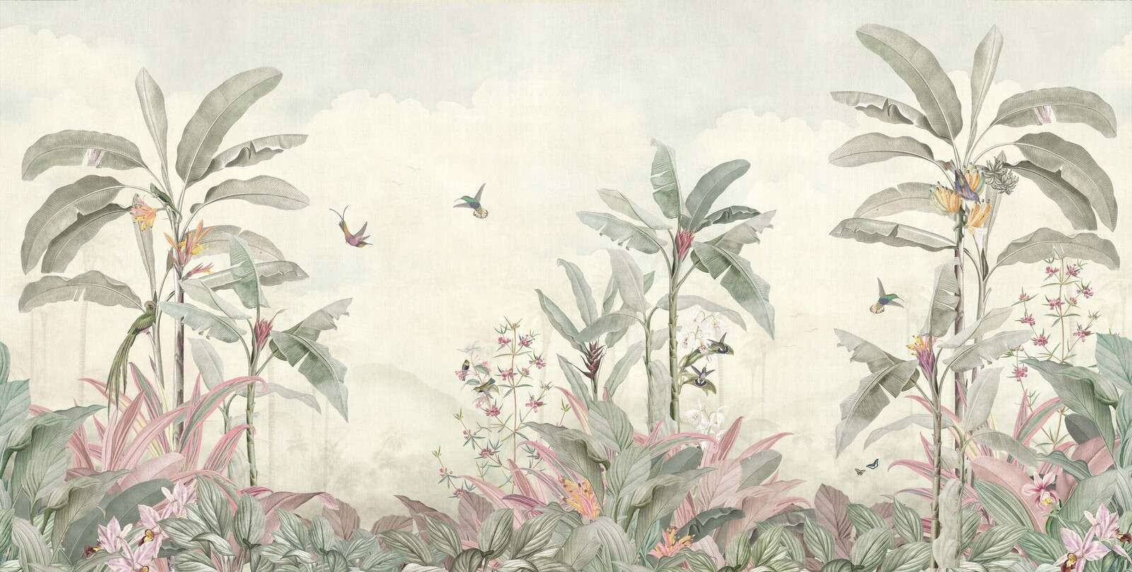 Hummingbirds and tropical leaves