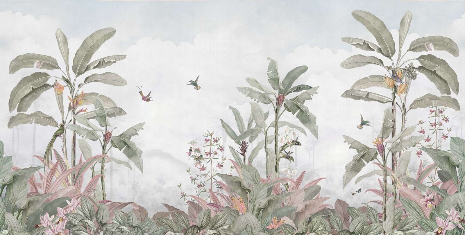 Hummingbirds among tropical leaves