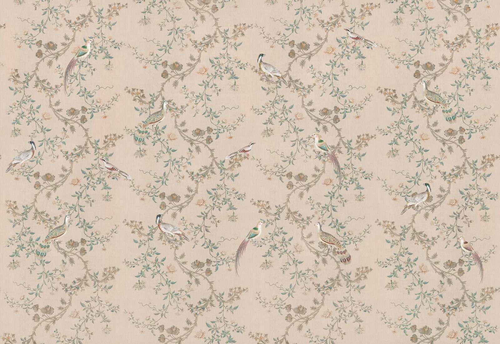 Pheasants among blooming vines