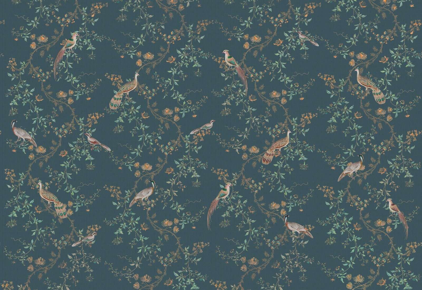 Pheasants in midnight blue floral splendor