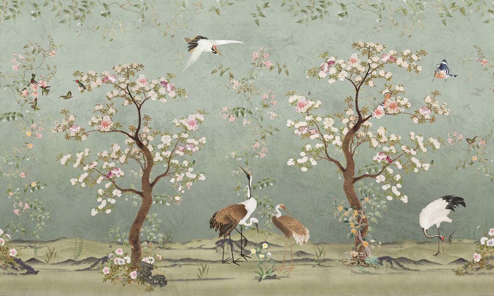 Blossom trees with cranes on jade green