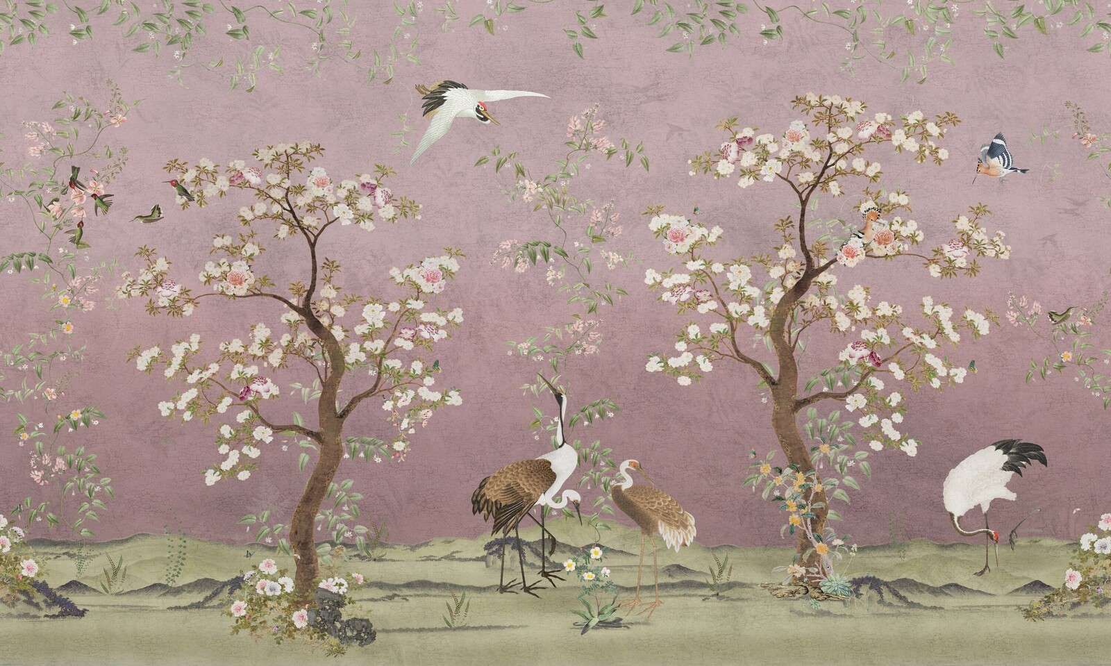 Cranes under blossom pink sky