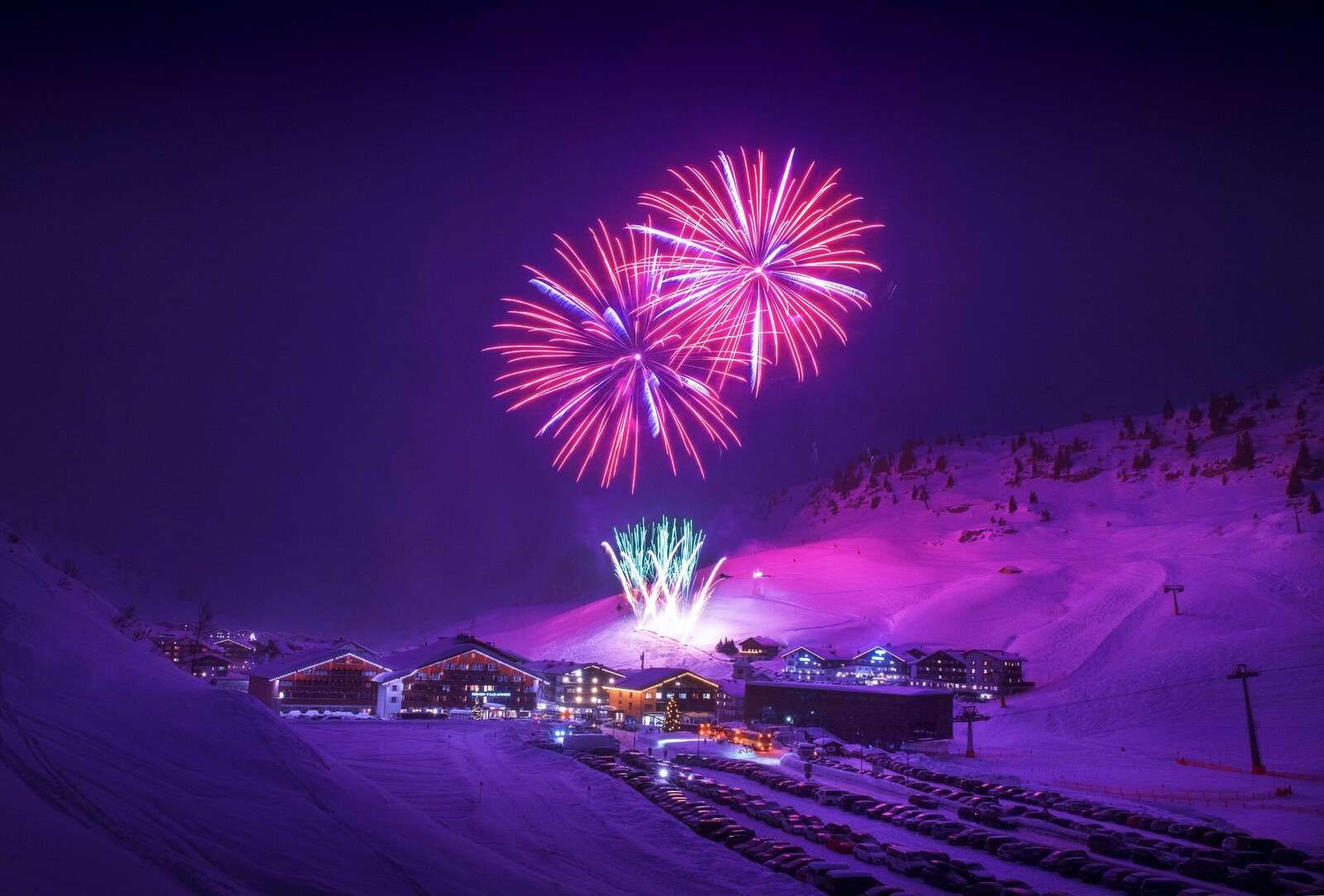 Fireworks above winter village