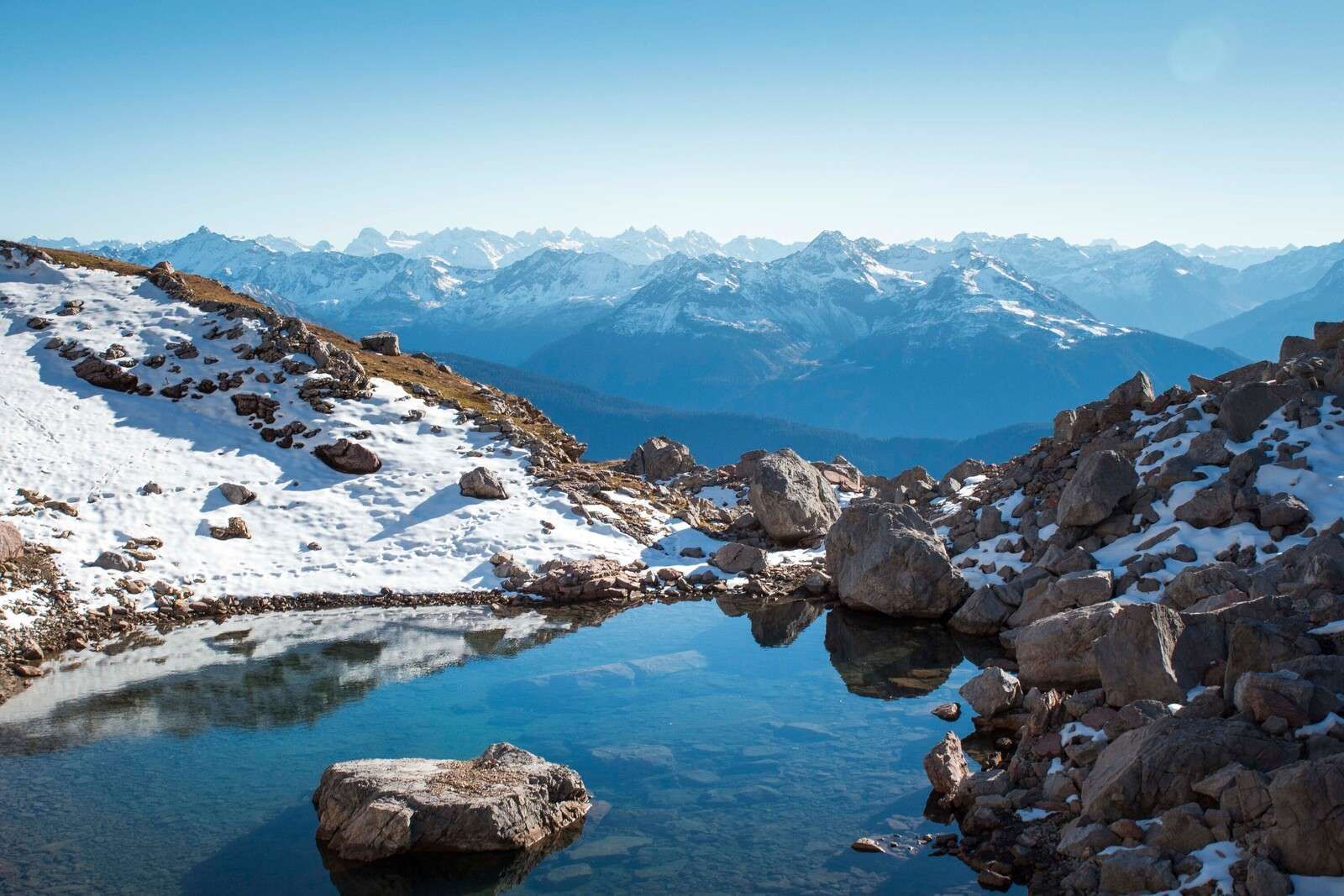 Mountain lake among snow-capped peaks
