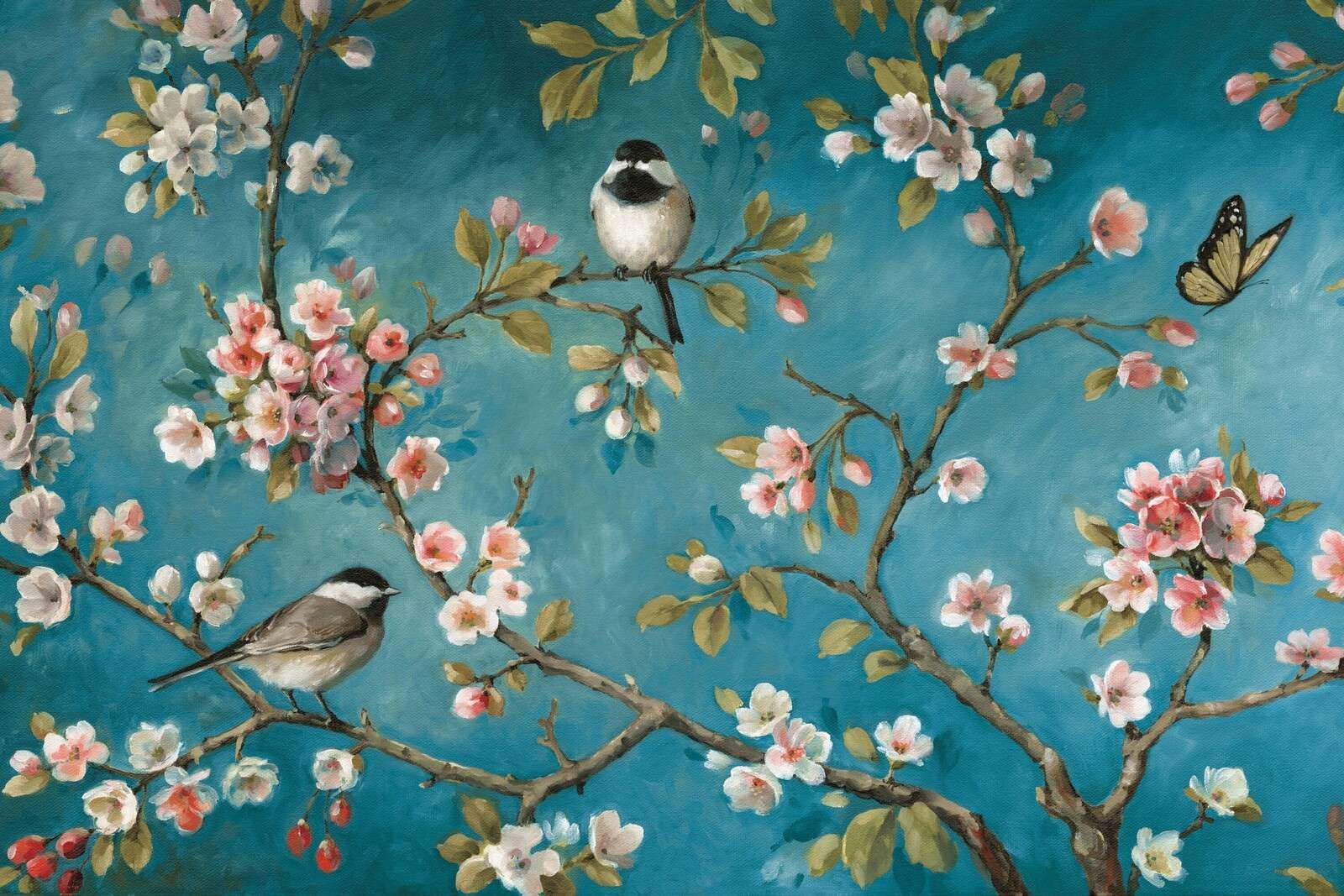 Blossoming Branches with Great Tits and Butterfly