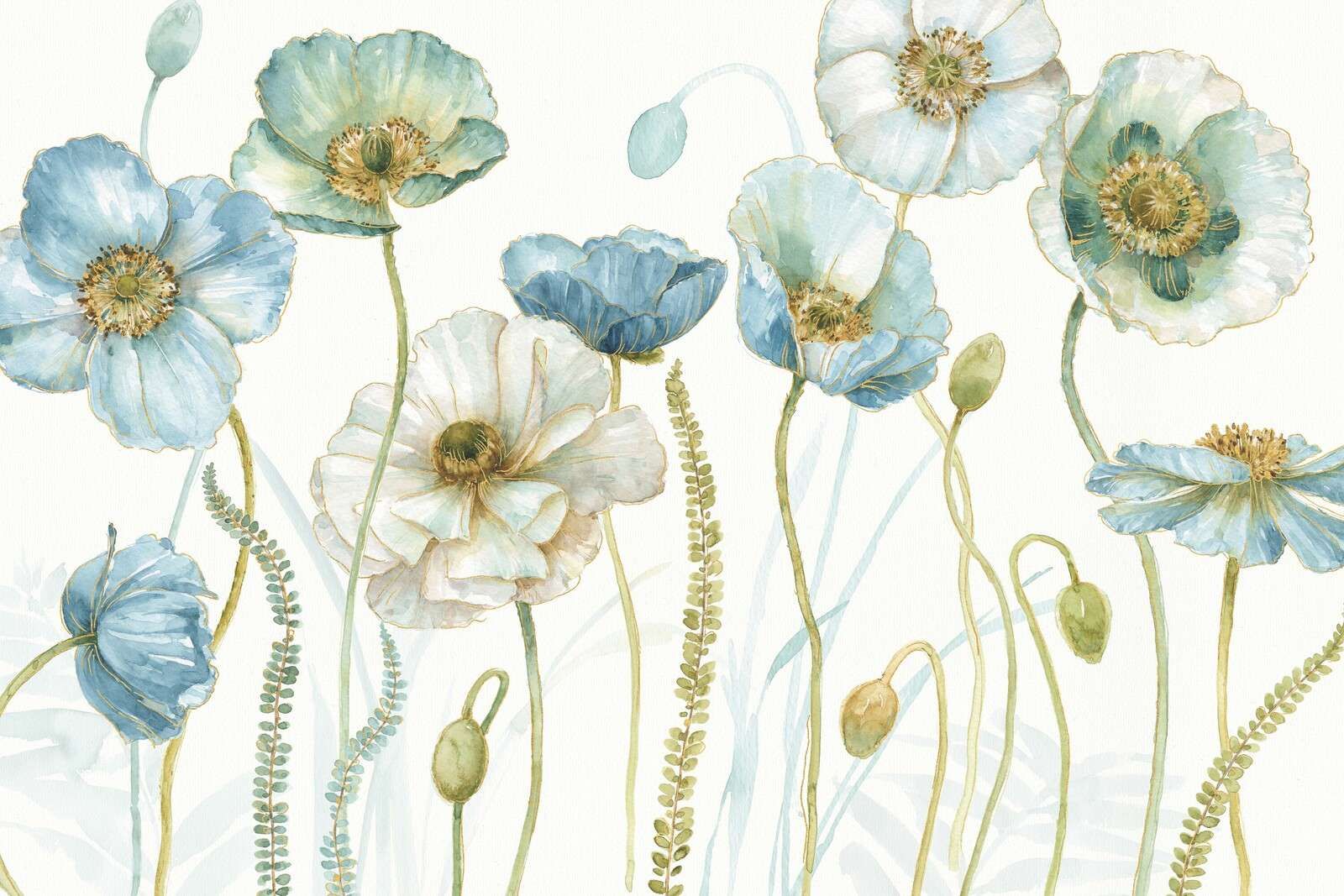 Watercolor Poppies in Blue-Green Field