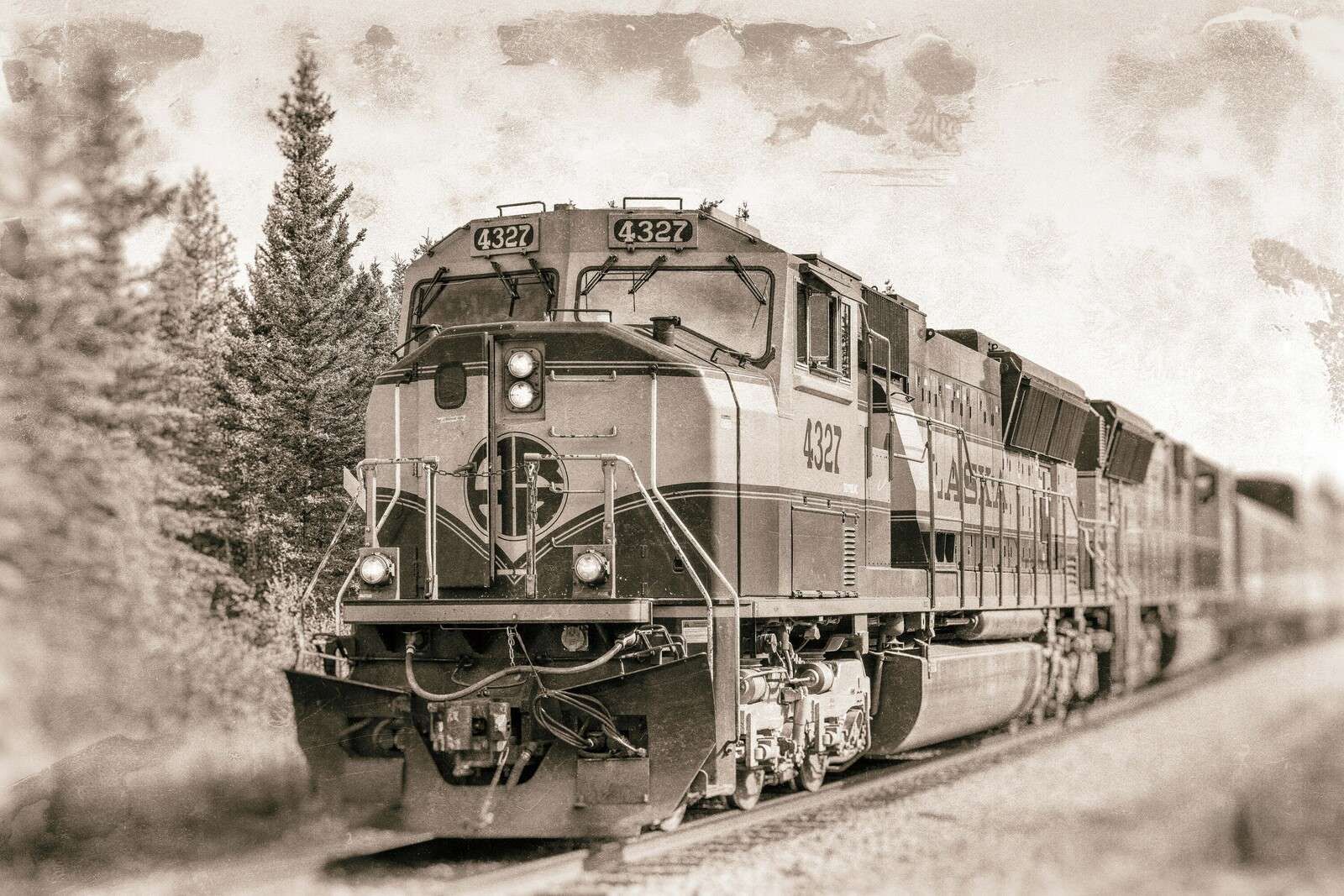 Vintage locomotive in sepia tones