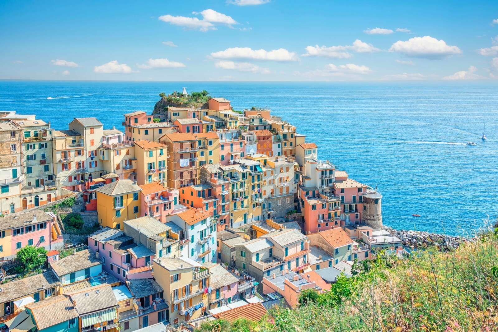 Pastel coast under azure blue sky