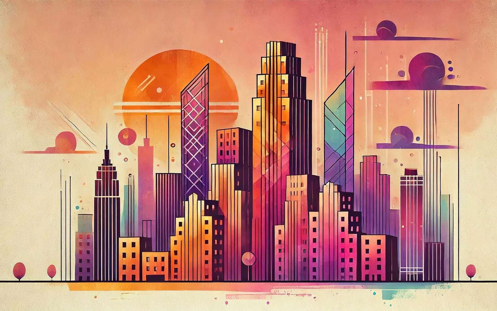 Kleurrijke stad onder roze zon