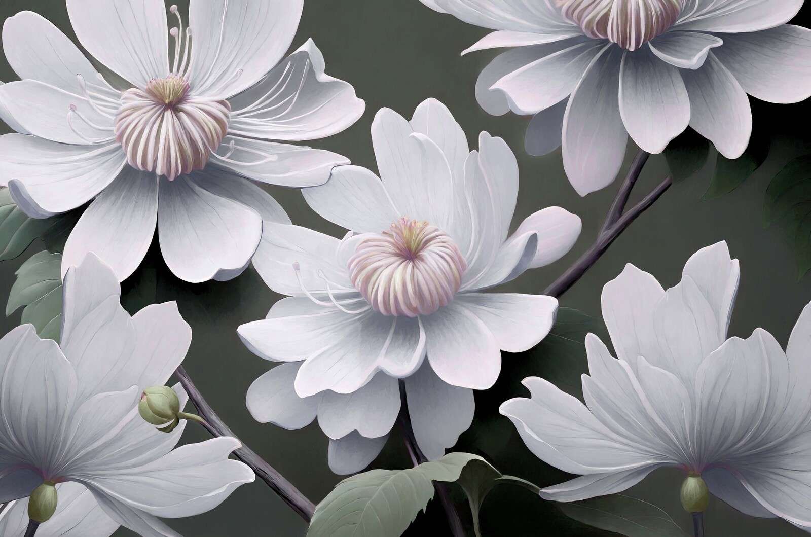 Light-colored clematis flowers in white