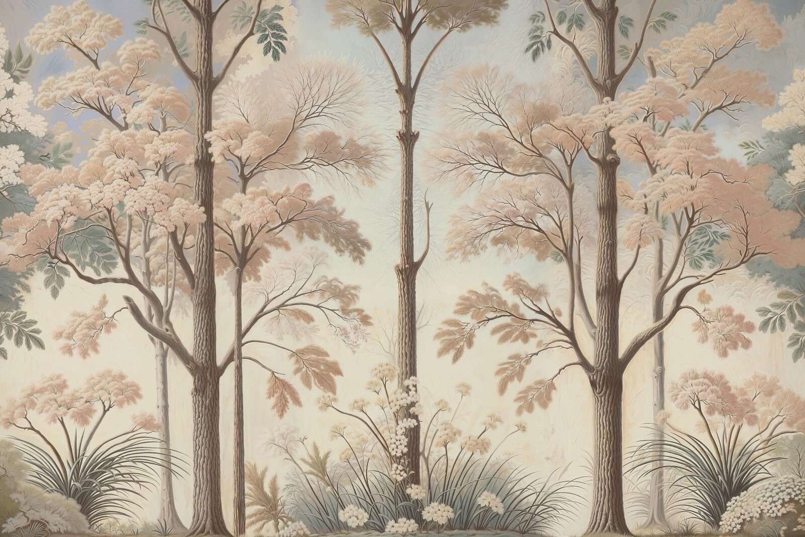 Soft woodland landscape with flowering trees