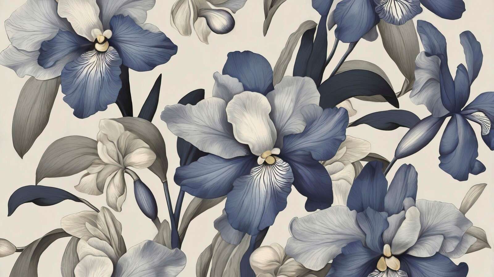 Blue orchids in grayscale
