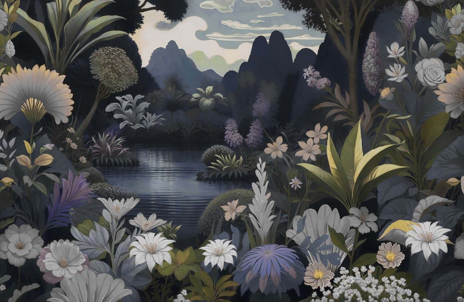 Mystical mountain landscape with a lake of flowers.