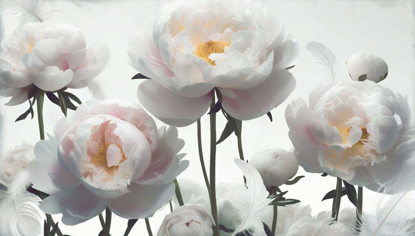 White peonies with feathers